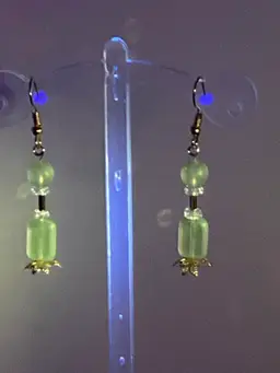 UV Reactive Purple Glass Beads 2” Drop Earrings! Gold Tone Fish Hooks.  Made By Me!