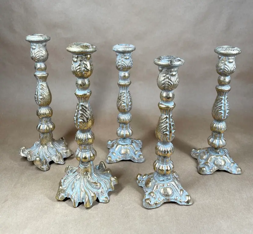 Ornate Baroque Gilded Age Style Gold Grey Patina Heavy Metal Taper Candlestick Holder