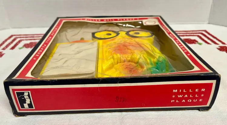1970’s Miller Studio Yellow Owl Chalkware Decorative Wall Plaques , Notepad Or Thermometer, NOS In Original Box