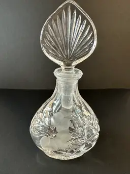 Vintage Floral Clear Etched Glass Perfume Bottle and Shell Topper 6"