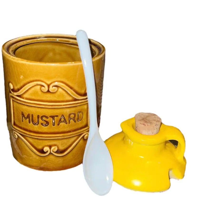 Vintage Enesco Japan Ceramic Mustard  Jar With Lid & Spoon 5” X 3” Cork In Lid