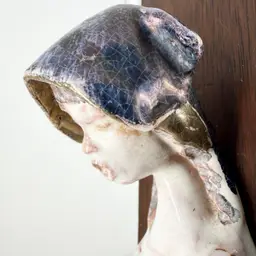 Raku Ceramic Young Lady on Wooden Plaque Artist Made19.5in x 2.5in