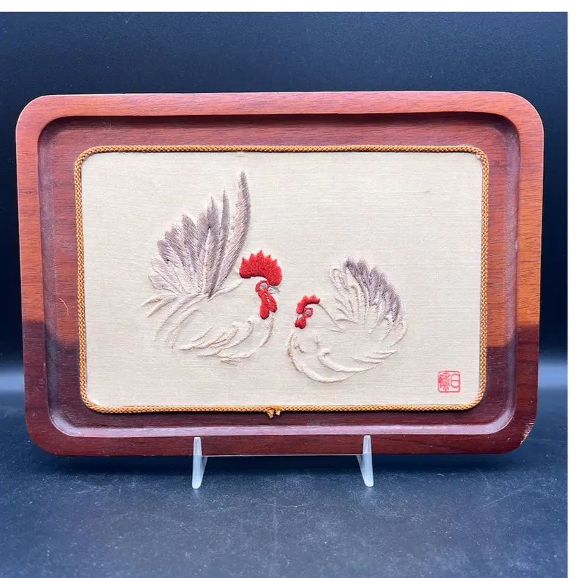 Vintage Rooster and Chicken Embroidered on Linen, Mounted on Wood