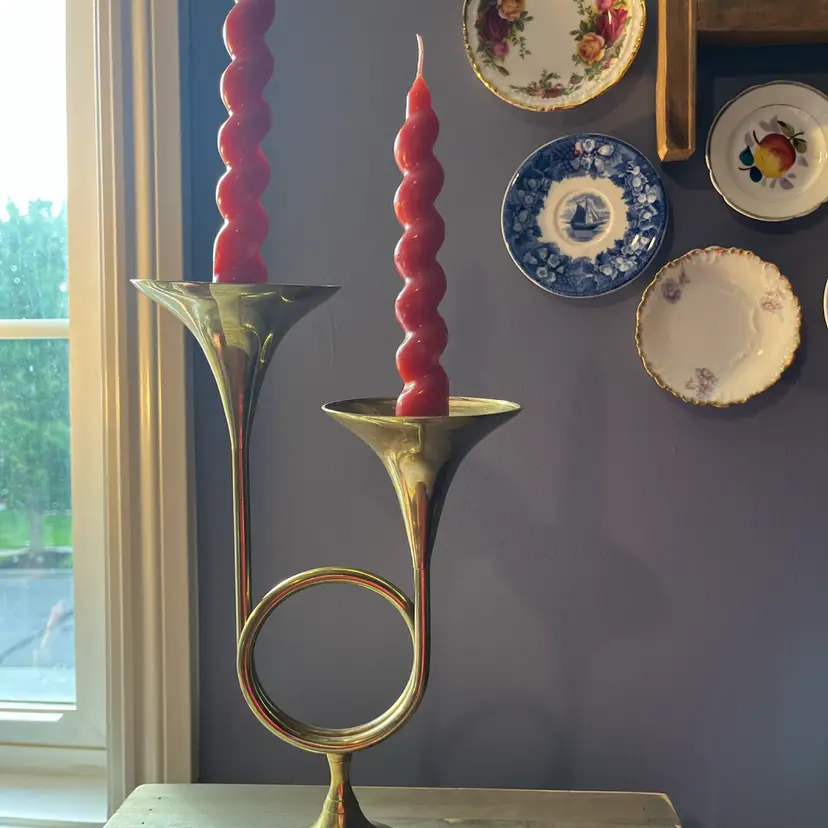 Brass Double  Horn Candle Holder 11.5” Tall