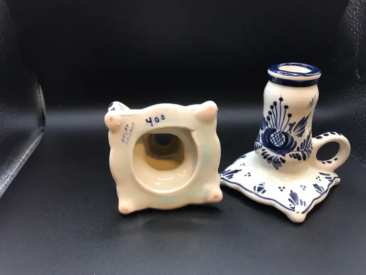 Vintage Pair Delft Blue White Small Fingerhold Candlestick Holders Hand Painted