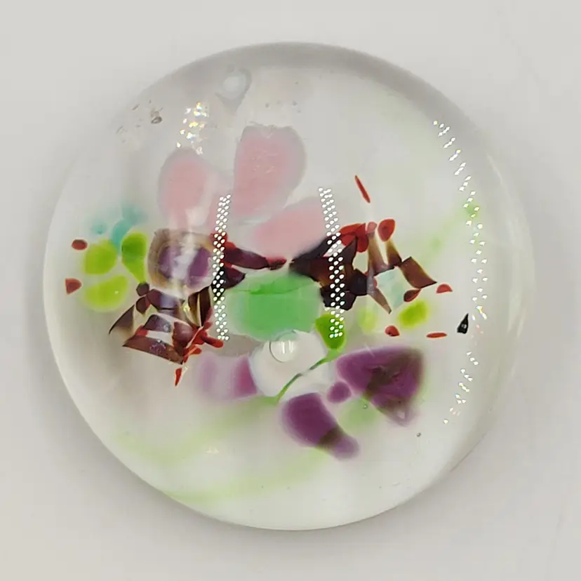Vintage Shari Brush Art Glass Low Domed Paperweight With Abstract Flowers Signed & Dated