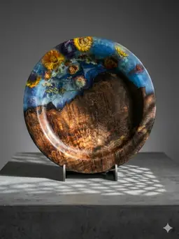 12" Black Walnut Burl and Resin Floral Art Plate