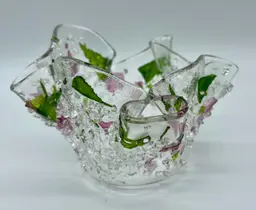 Unique Free form handkerchief clear art glass dish with fused glass details