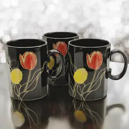 #01 Otagiri Japan Ceramic Red & Yellow Tulips Black 12 Sided Coffee Mugs Cups Set 3