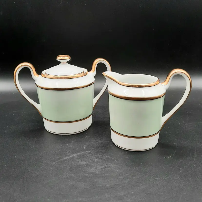 Fitz & Floyd Renaissance Mint Green & Gold Lidded Sugar and Creamer
