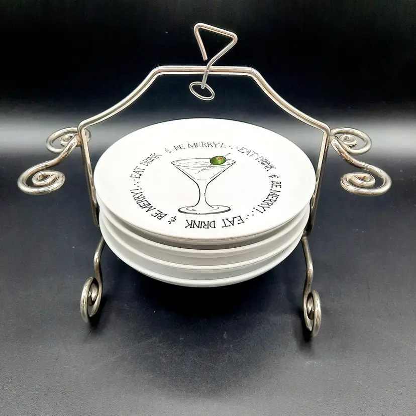 International Silver Company Appetizer Plates Set of 4 Cocktail Designs with Holder Stand Eat,Drink & Be Merry
