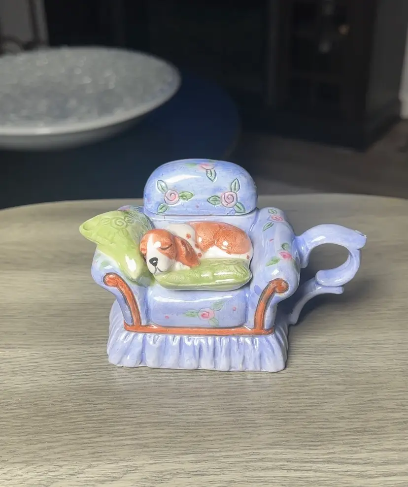 Vintage Mini Ceramic Teapot Beagle Puppy Dog Sleeping On Chair by World Bazaar