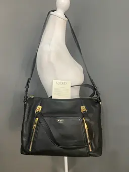 Lauren Ralph Lauren Black Pebbled Leather Bag/Tote/Purse With Gold Hardware 9x13