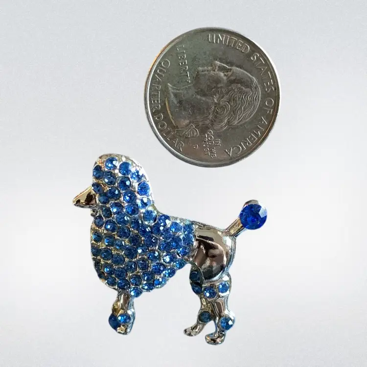 Silver Tone Poodle Brooch With Blue Rhinestones