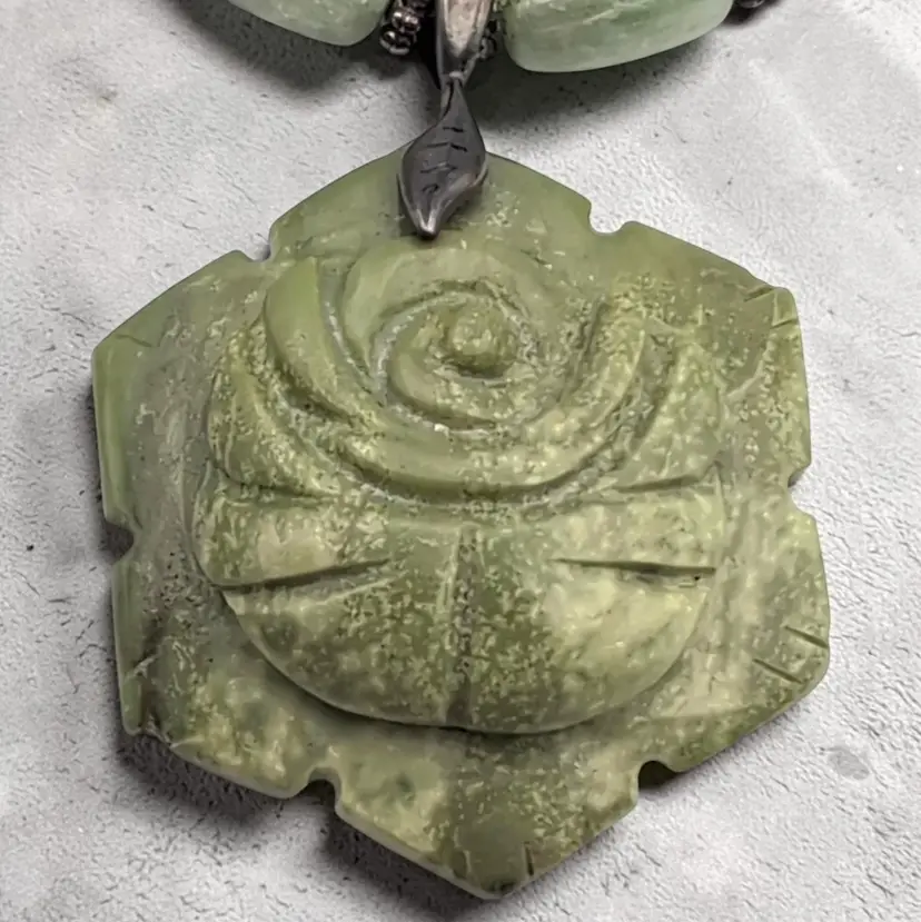 Carved Soapstone Rose Flower Pendant Freshwater Pearls Green Kyanite Necklace