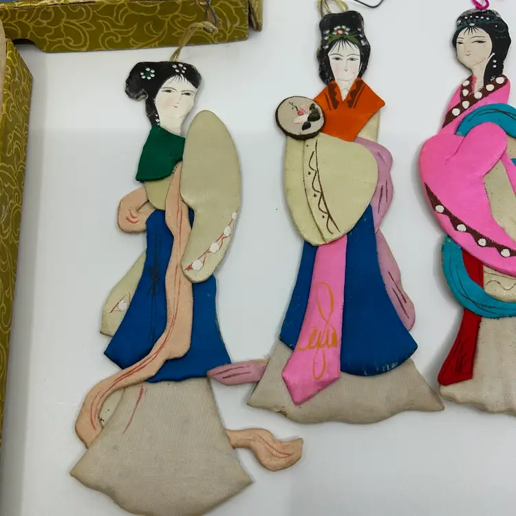4 Vintage Silk Paper Geisha Girl Dolls Mid Century Ornaments