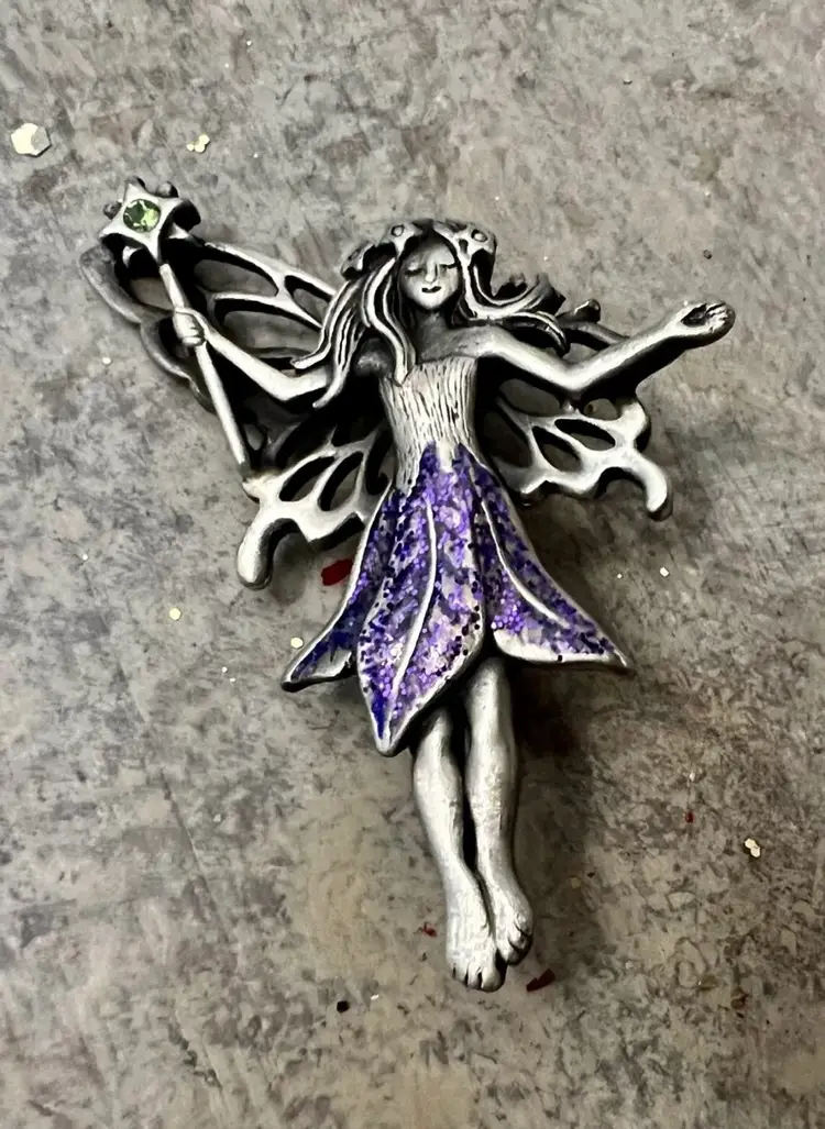 Vintage JJ Jonette Jewelry Figural Purple Glitter Pewter Fairy Pin Brooch F-30