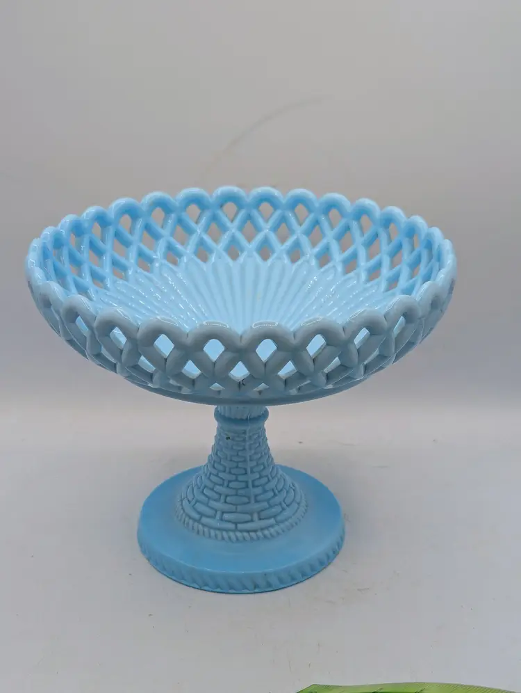 Blue Basketweave Fruit Pedestal Lattice Milk Glass CHALLINOR &AMP Taylor Flint