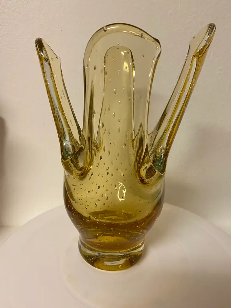 Controlled Bubble Murano Style Blown Glass Finger Vase Ex Con 9”Tx 6”W