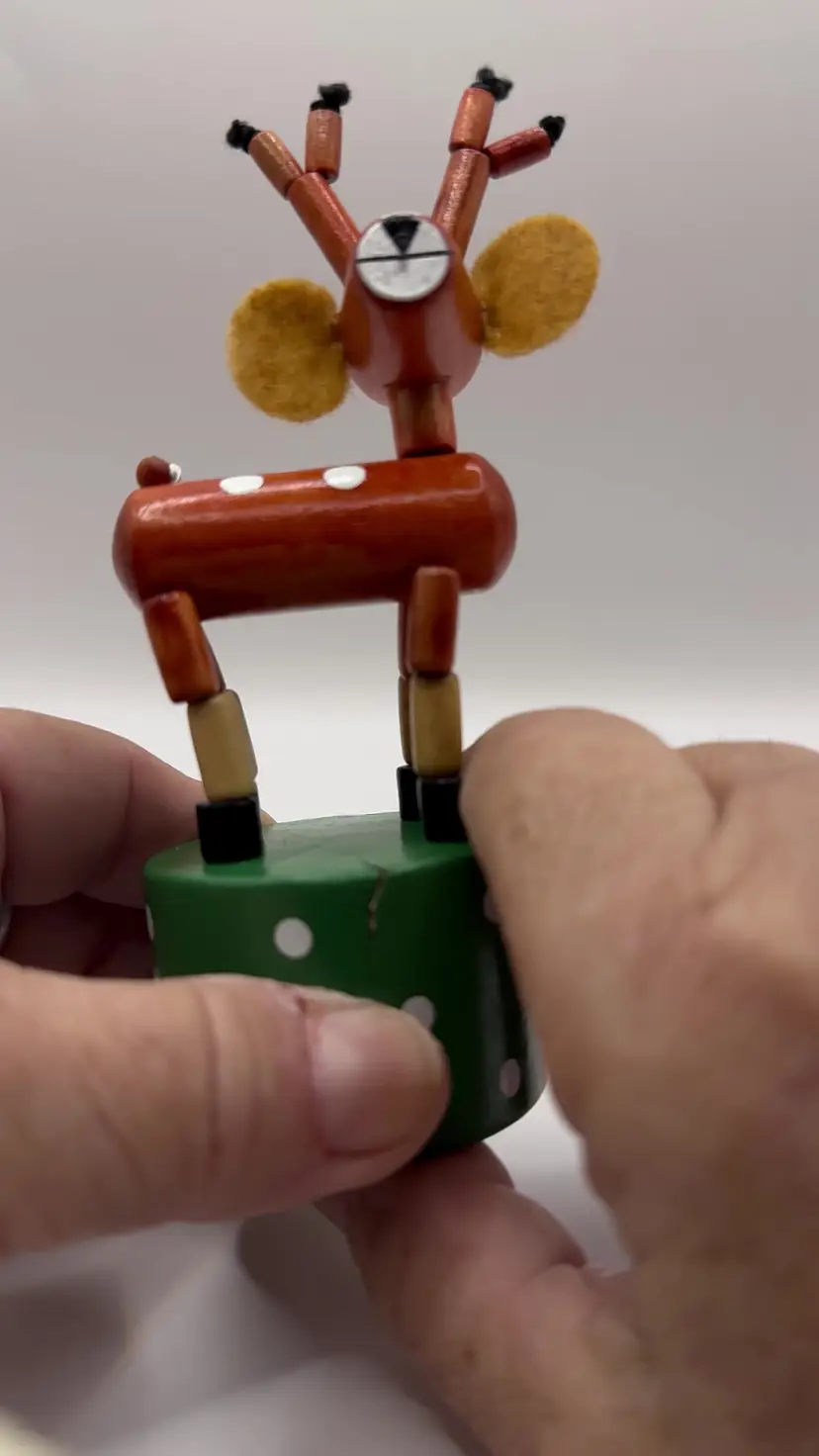 Vintage Wooden Reindeer Thumb Push Puppet Figurine, Whimsical Christmas Holiday Decor, Handcrafted Wood, By Jack Rabbit Creations, Inc., Made in China, MPN 556-070216