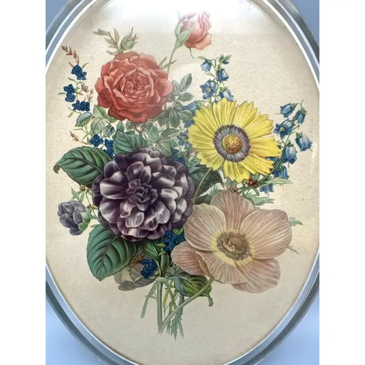 Vintage Oval Lucite Framed Floral Bouquet Print Transparent Handles Mid Century