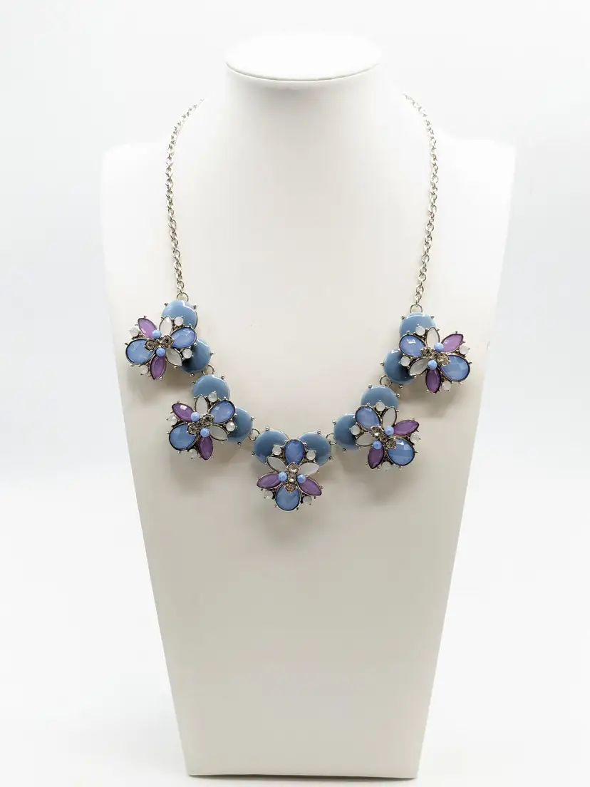 Floral and Rhinestone Necklace Blue and Purple Silver Tone
