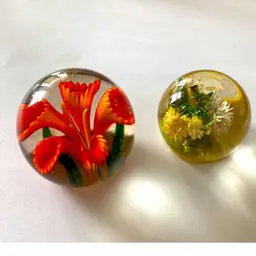 Glass Floral Paperweights -Set Of 2
