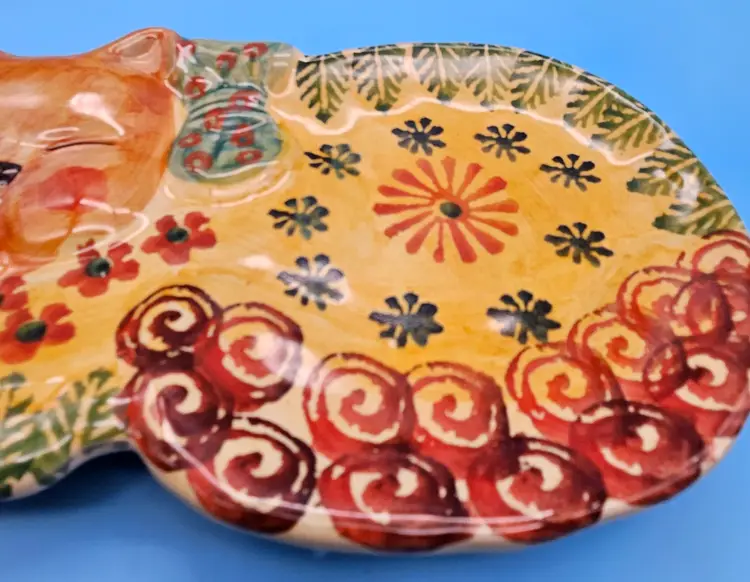 Italy Hand Painted Redware Whimsical Cat Plate Dish Trinket