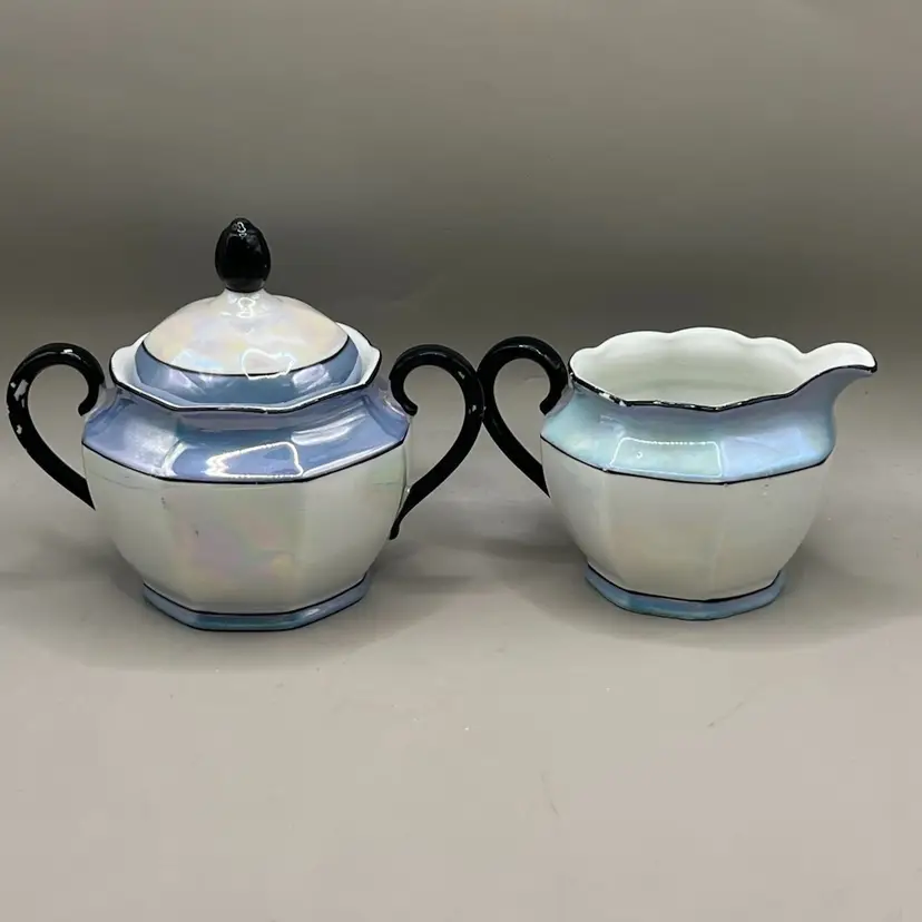 German Iridescent Lusterware Blue & Black Sugar Bowl and Creamer Bavaria