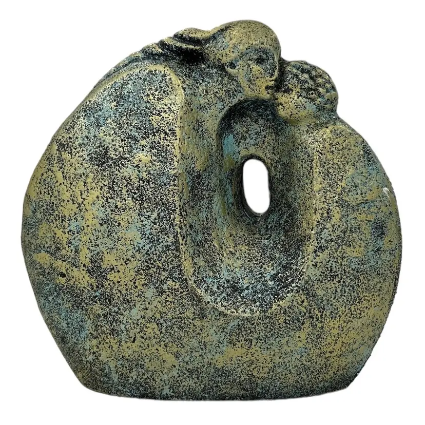 Crouching and Embracing Mother and Young Child Plaster Figurine