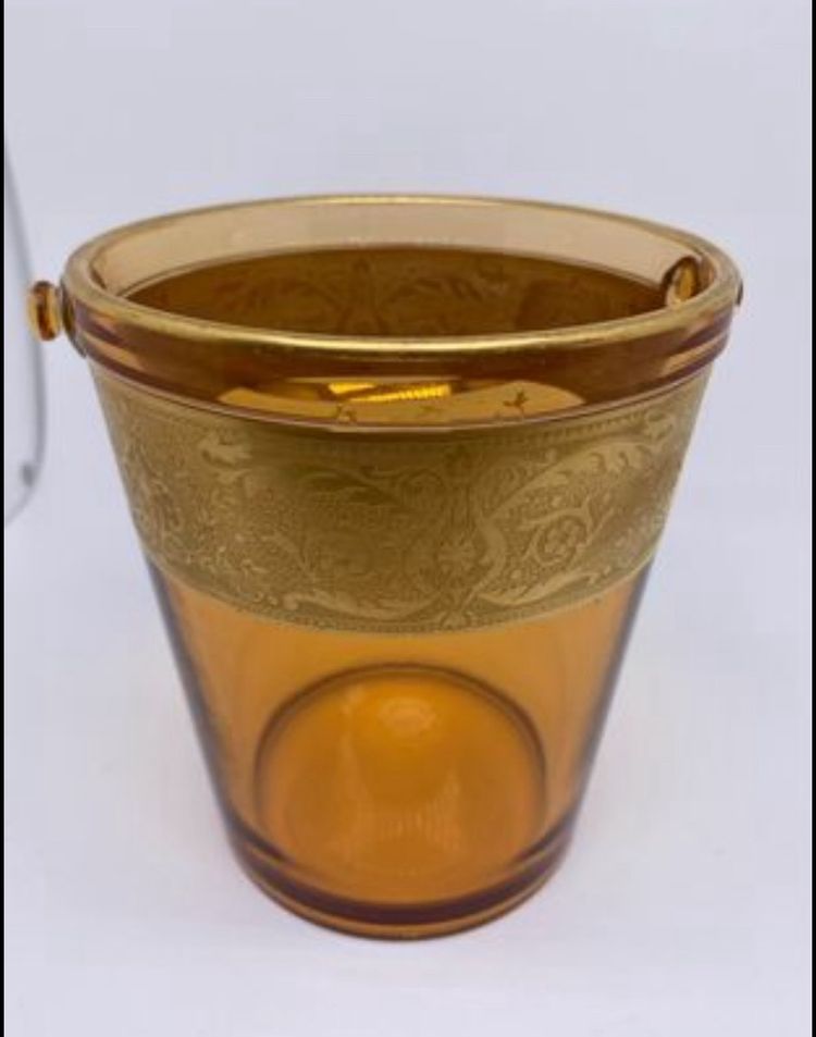 Vintage Amber glass ice bucket with gold inlay