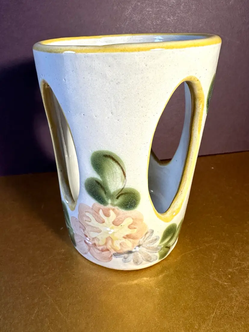 Louisville Stoneware Votive Candle Holder Cut Out Sides Peach and Green Floral