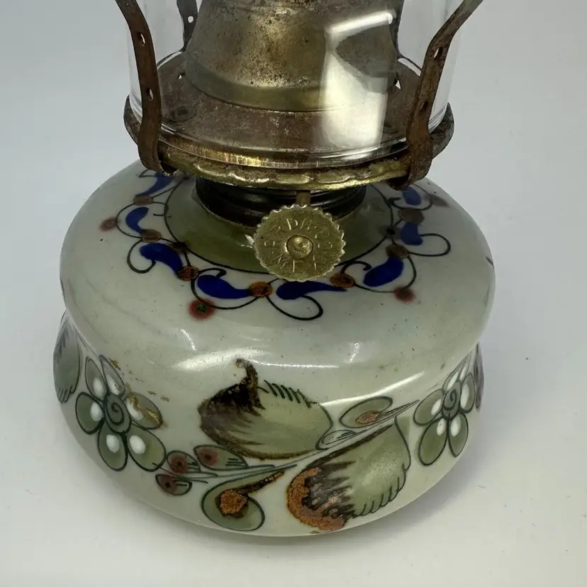Ken Edwards Tonala Mexico Pottery Oil Lamp w Hurricane Glass