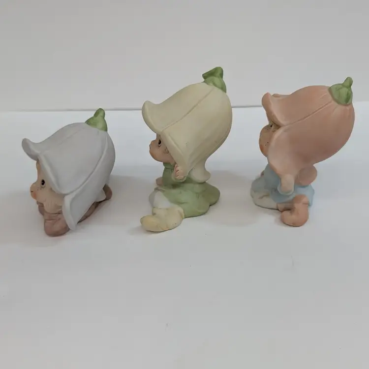 Vintage HOMCO Ceramic Pixie Elves Fairies Elf Figurines 5615 Set of Three Flower