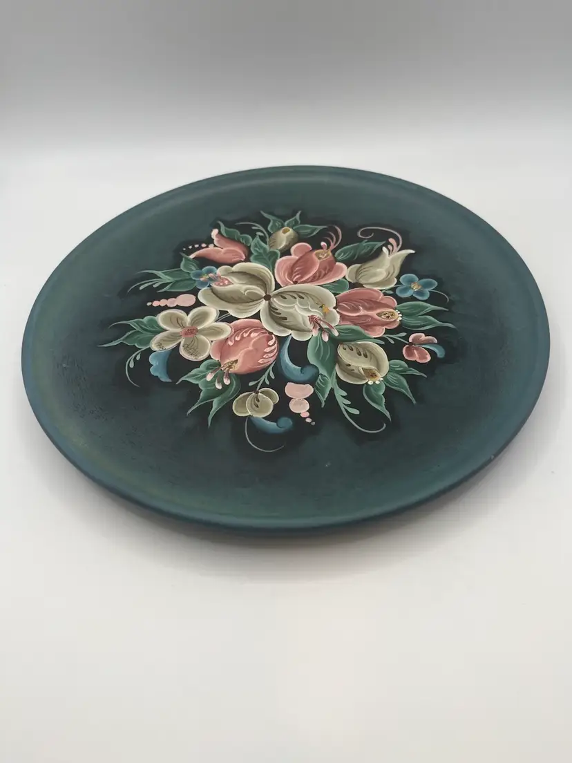 Vintage Hand Painted Wooden Plate Floral Motif Folk Art Artist Signed 1998