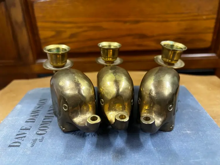 Vintage Brass Elephant Candle Holders - Set of 3 - Interlocking Trunks MCM