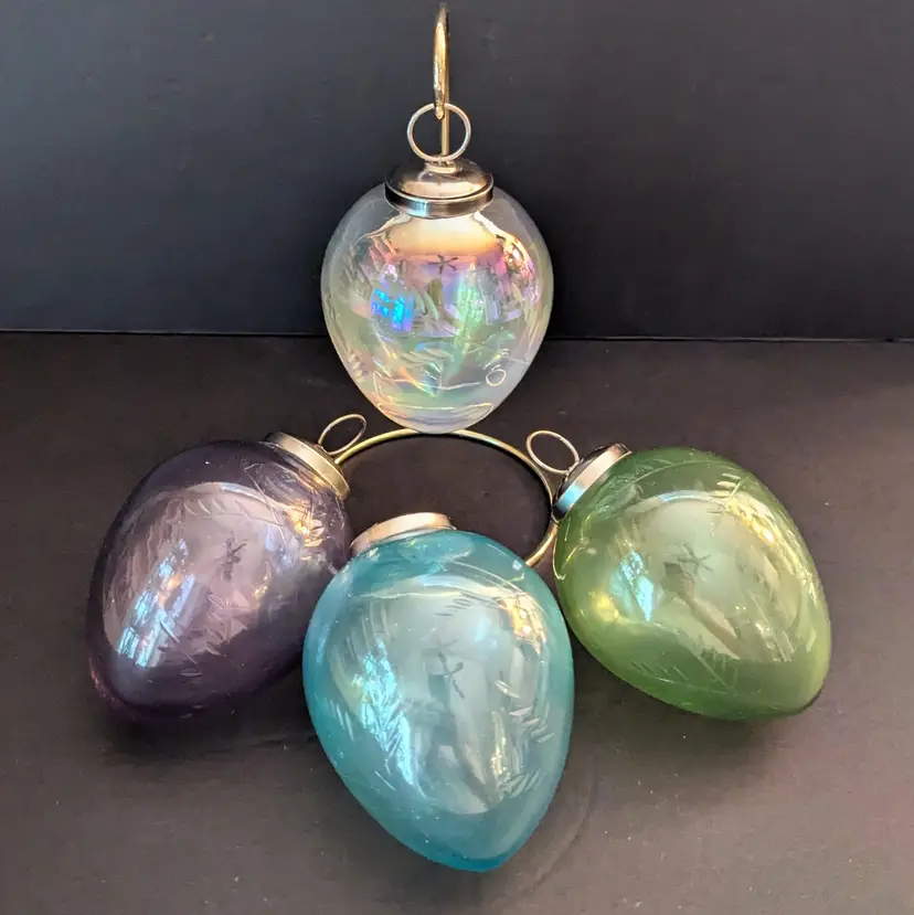 Set Of 4 Handblown Etched Kugel Style Glass Christmas Ornaments