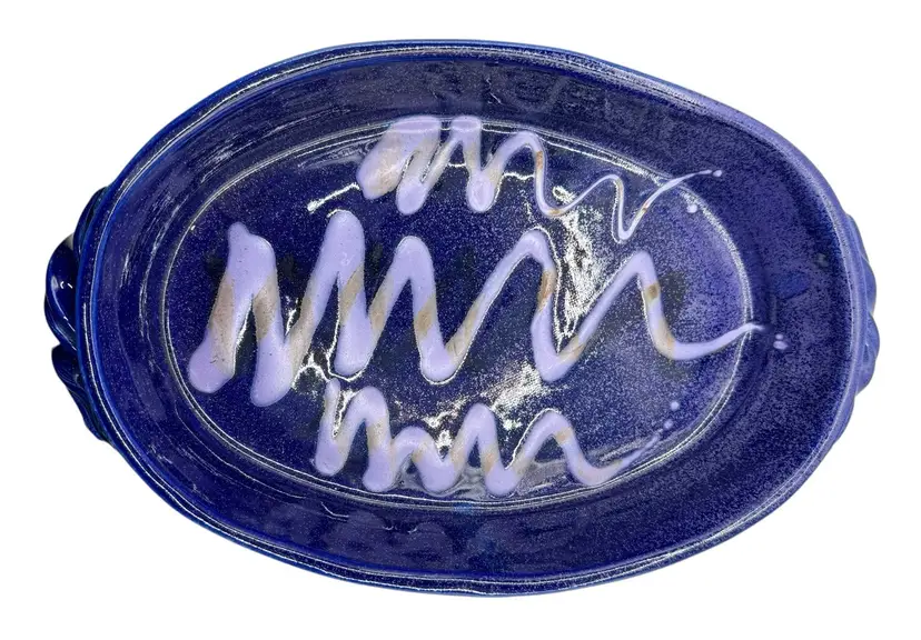 Signed Flash! Studio Art Pottery Stoneware Casserole Baking Dish Blue Purple 11”