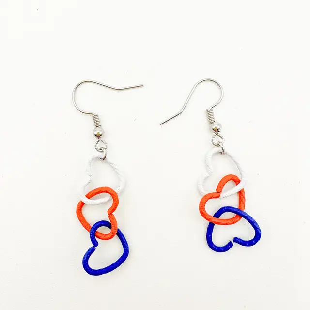 Heart Metal Link Dangle Earrings Blue Orange White Handmade