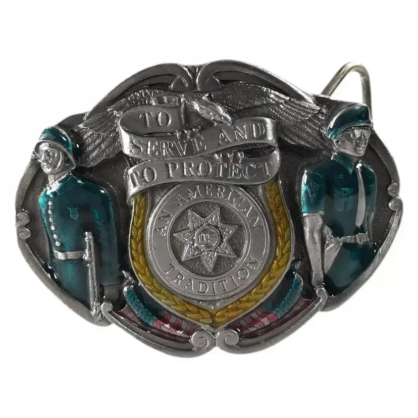 Vintage 1986 Belt Buckle Bergamot Brass Works Pewter Enamel Police Eagle Flag