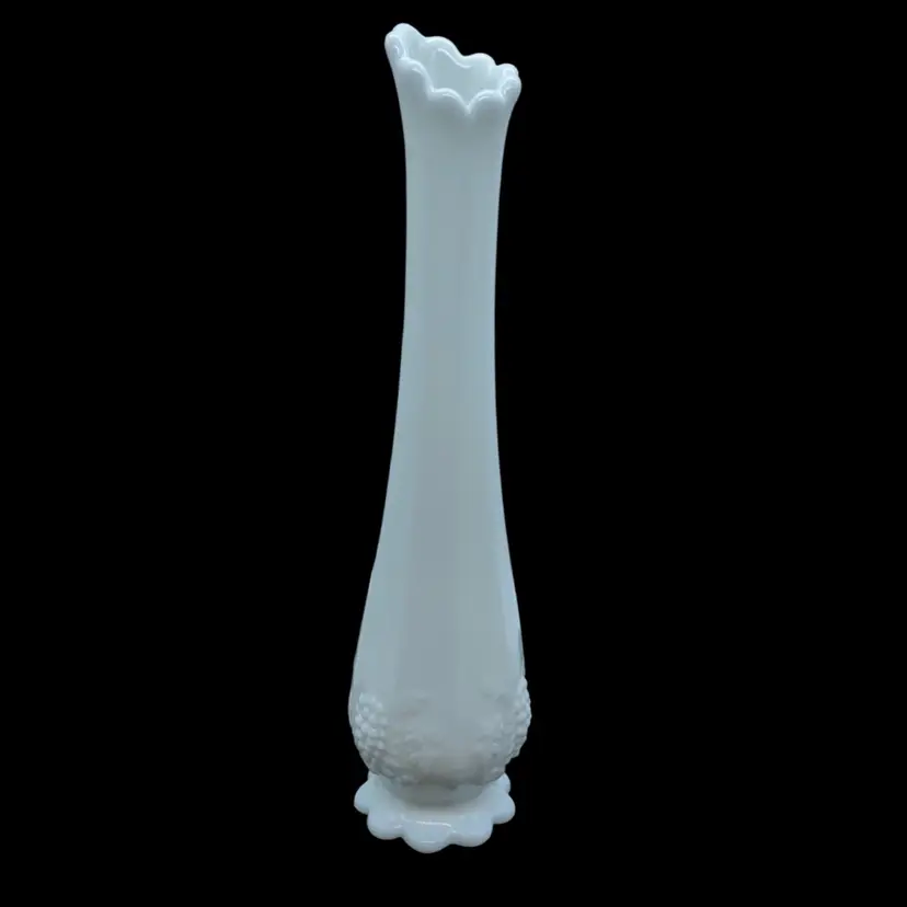 #0813 Westmoreland Paneled Grape milk glass swung bud vase 11.5 x 3”