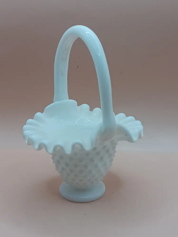 Vintage Fenton White Milk Glass Hobnail Basket 6"