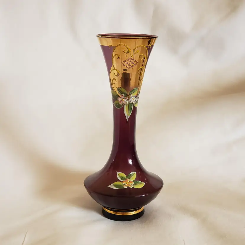 Art Glass Vase Amethyst Purple Hand Painted Enamel Florals Unbranded 7" Tall Approximately Vintage