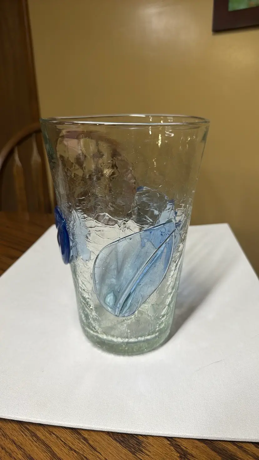 Blenko 9 5/8" Tall Crackle Glass Vase Sky Blue Leaves Shape #366ML