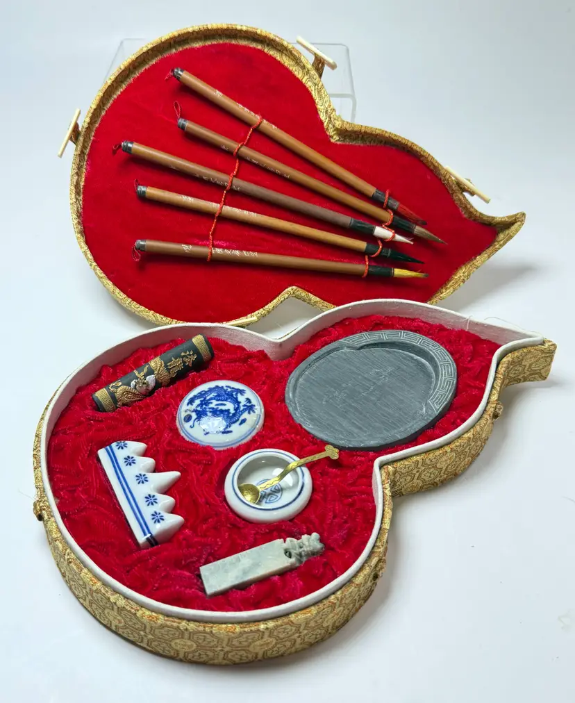 12 Piece Traditional Chinese Calligraphy Set Box Dragon Brushes Cinnabar Paste