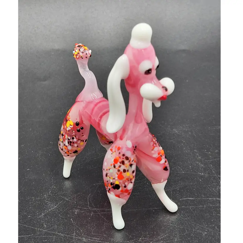 Minature Hand Blown Glass Murano Style Pink Poodle With Multi Colored Confetti