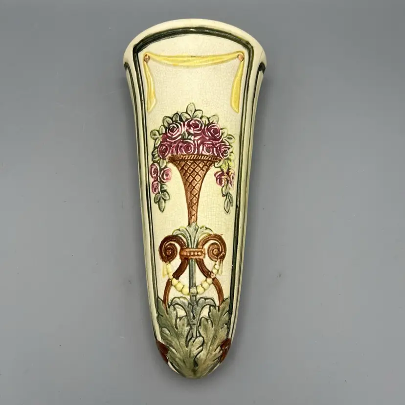 Antique c.1920's Weller Pottery ROMA Die Impressed Floral Wall Pocket 10"L READ