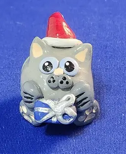 Christmas Shirley's Cats - Grey Cat with Santa Hat, Blue Present
