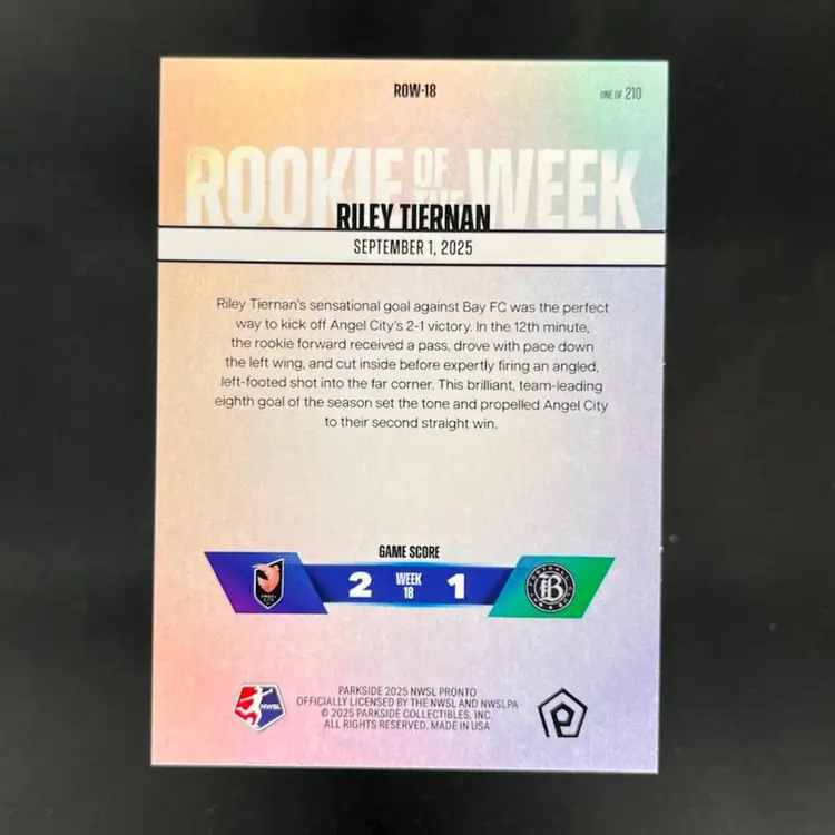 Riley Tiernan 2025 NWSL Parkside Pronto Rookie Of The Week Subscriber Exclusive /210 Soccer Card #ROW18