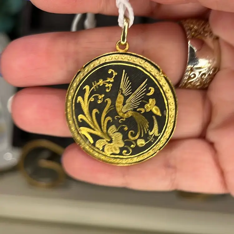 Vintage Damascene Gold Plate PENDANT Bird FLORAL